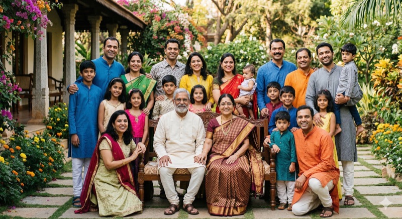 Multi-generational Indian family portrait with grandparents